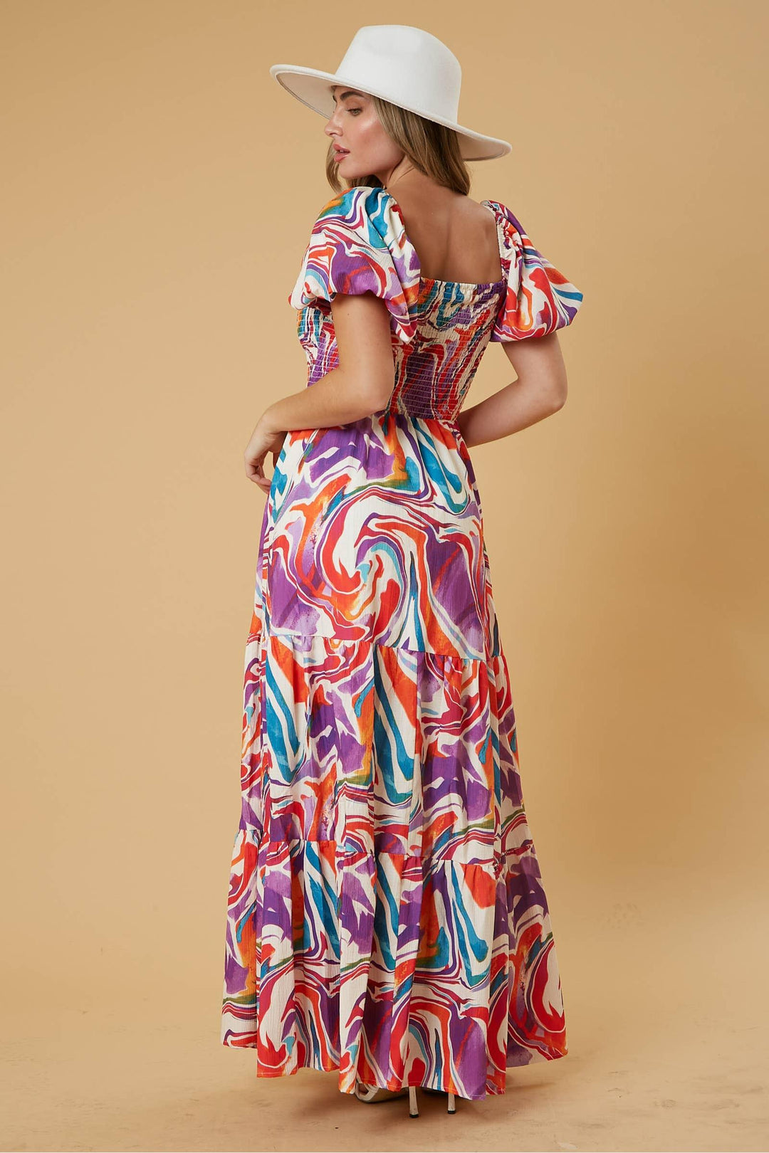 Peach Love California - Multicolor Marble Print Maxi Dress: PURPLE/ORANGE - Vintage Dragonfly Boutique