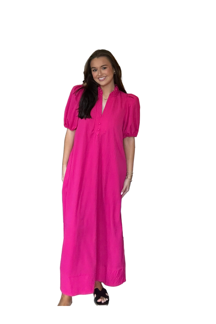 Entro Hot Pink Midi Dress with Puff Sleeves - Vintage Dragonfly Boutique