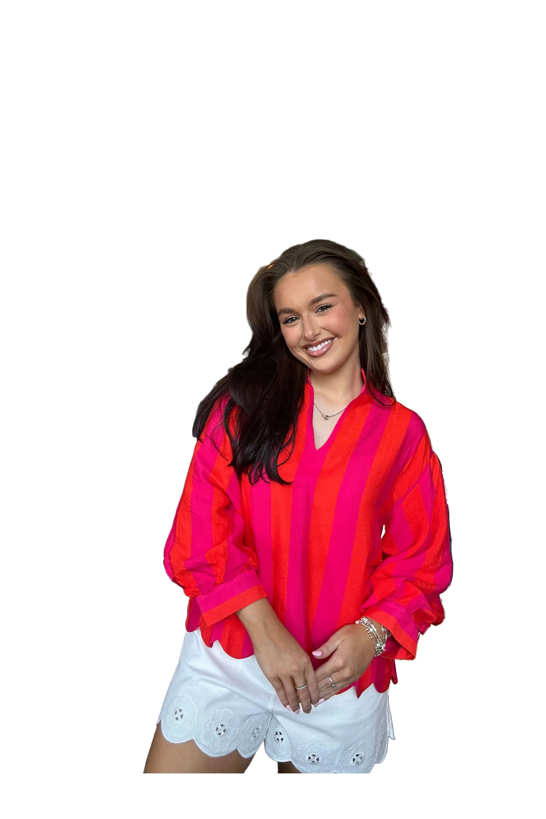 Entro Red &amp; Pink Striped Scallop Top – Bold Statement Blouse - Vintage Dragonfly Boutique