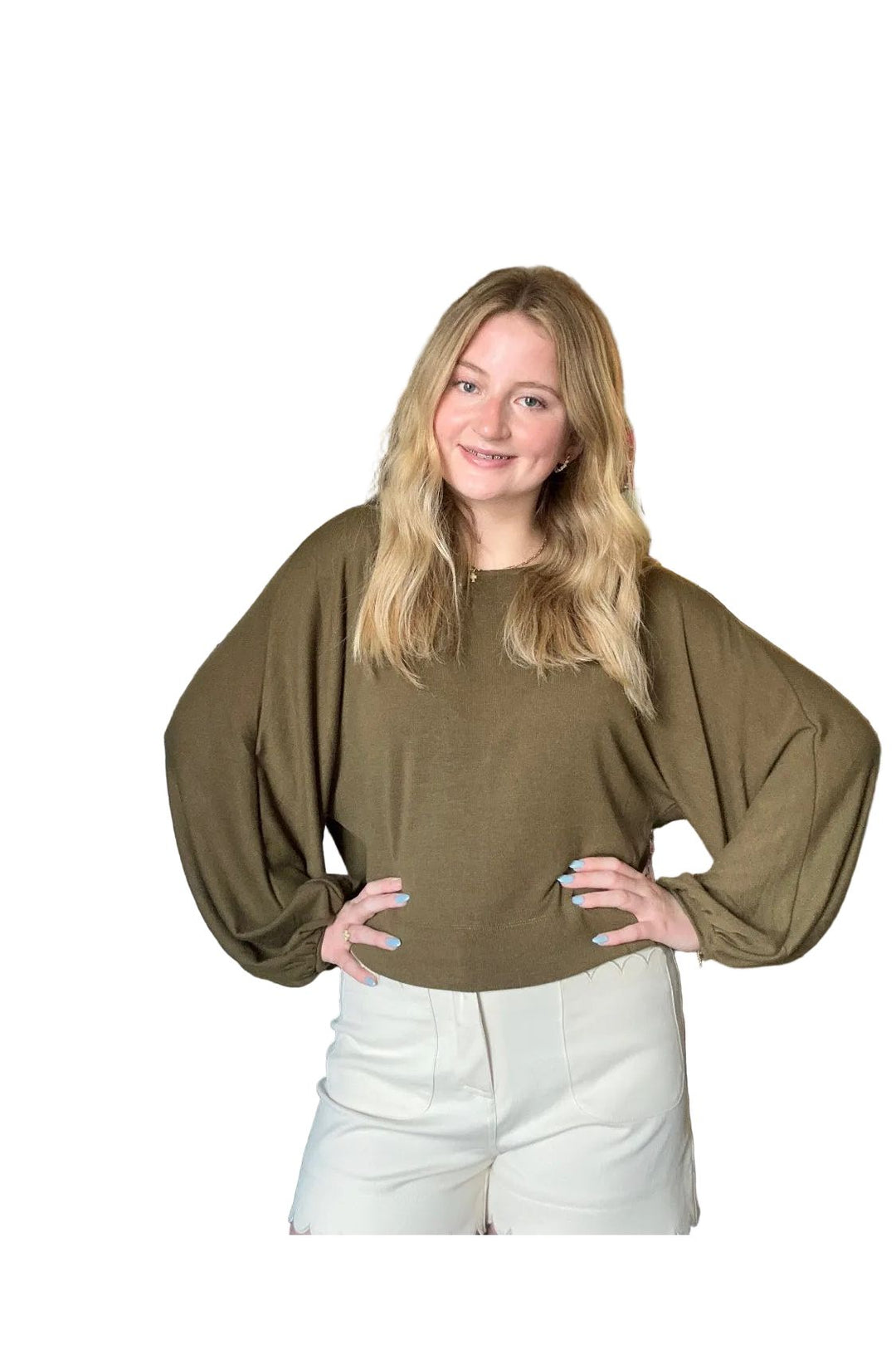 Entro Olive Long Sleeve Knit Top | Relaxed Everyday Boutique Blouse - Vintage Dragonfly Boutique