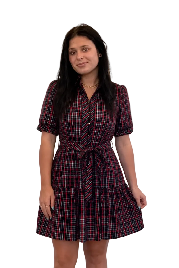 ENTRO Navy &amp; Red Plaid Puff Sleeve Belted Dress