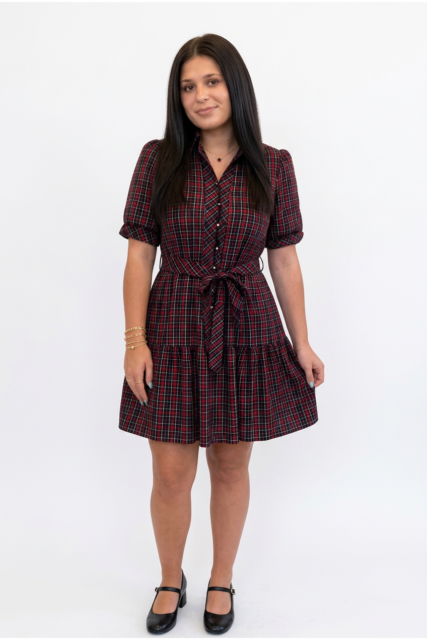 Entro Navy &amp; Red Plaid Puff Sleeve Belted Dress