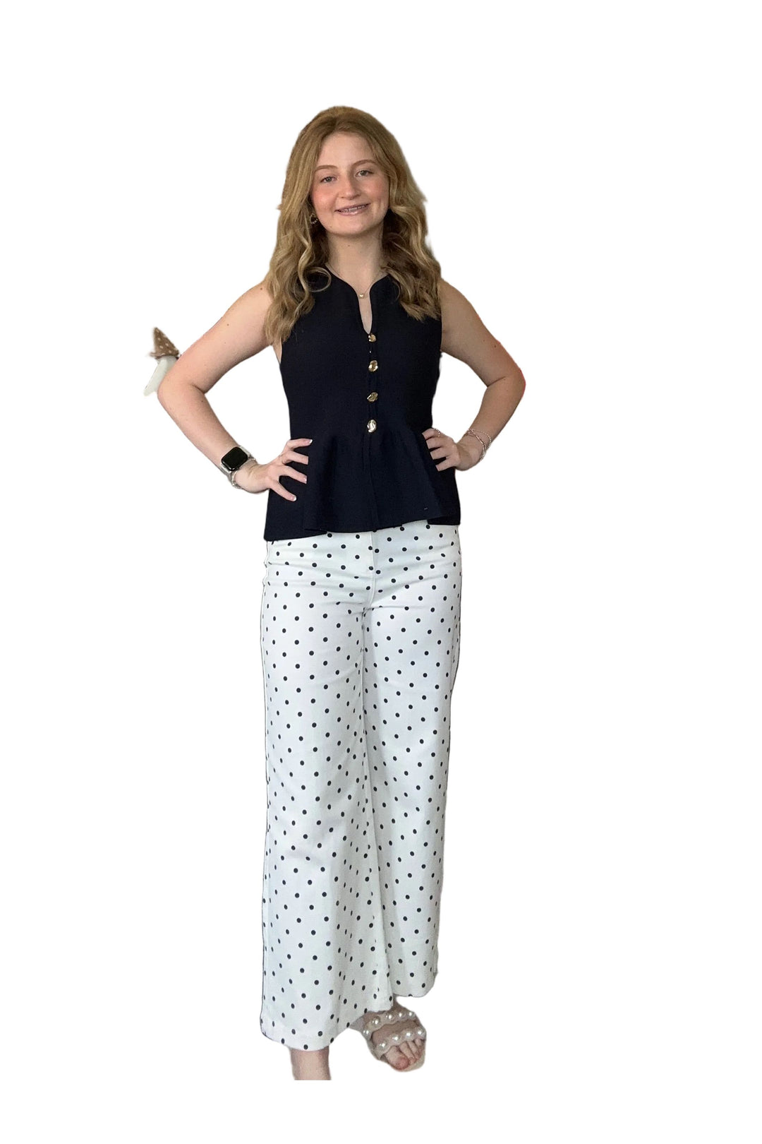 ENTRO Black Polka Dot Wide Leg Cropped Pants – Chic High Waist Statement Bottoms - Vintage Dragonfly Boutique