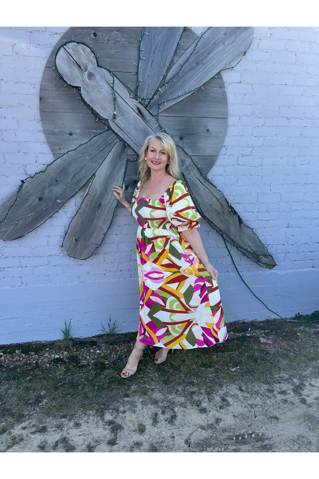 Tess Fuchsia and Moss Green Abstract Pattern Midi Dress - Vintage Dragonfly Boutique
