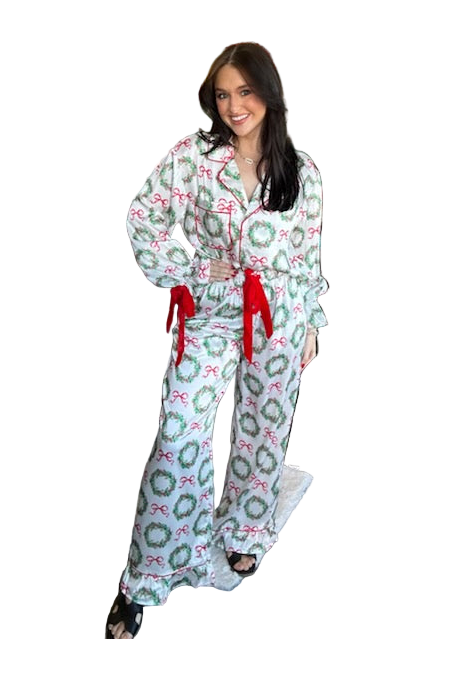 Satin Christmas Pajama Set with Velvet Ties – Long Sleeve Loungewear by Peach Love