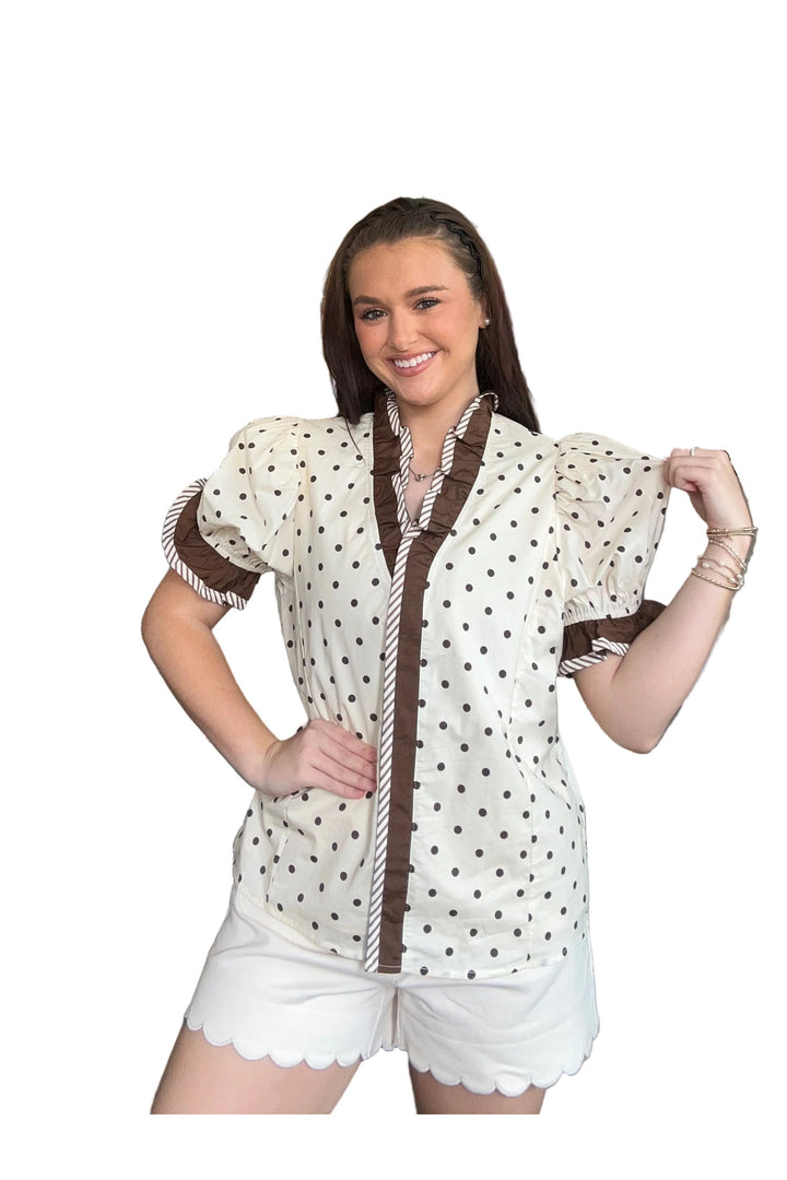 Entro Cream Polka Dot Puff Sleeve Blouse with Brown Trim - Vintage Dragonfly Boutique