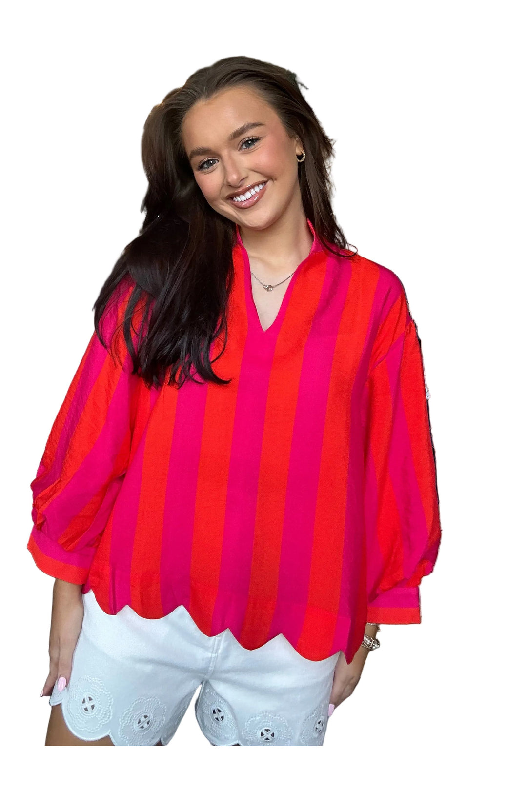 Entro Red &amp; Pink Striped Scallop Top – Bold Statement Blouse - Vintage Dragonfly Boutique