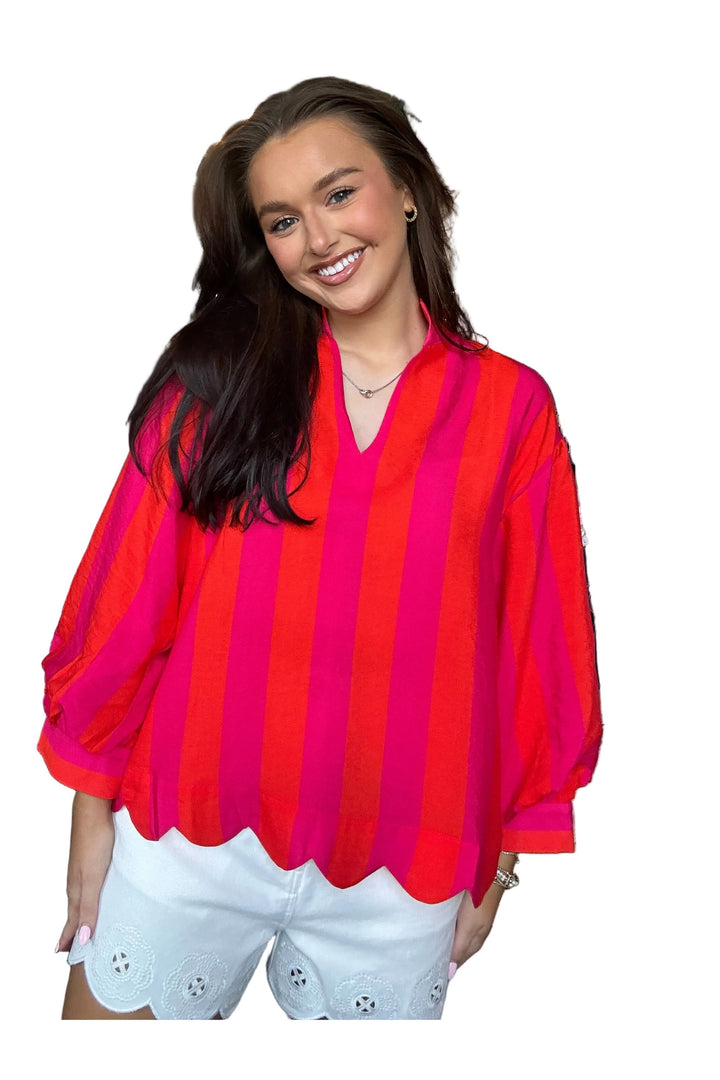 Entro Red &amp; Pink Striped Scallop Top – Bold Statement Blouse - Vintage Dragonfly Boutique