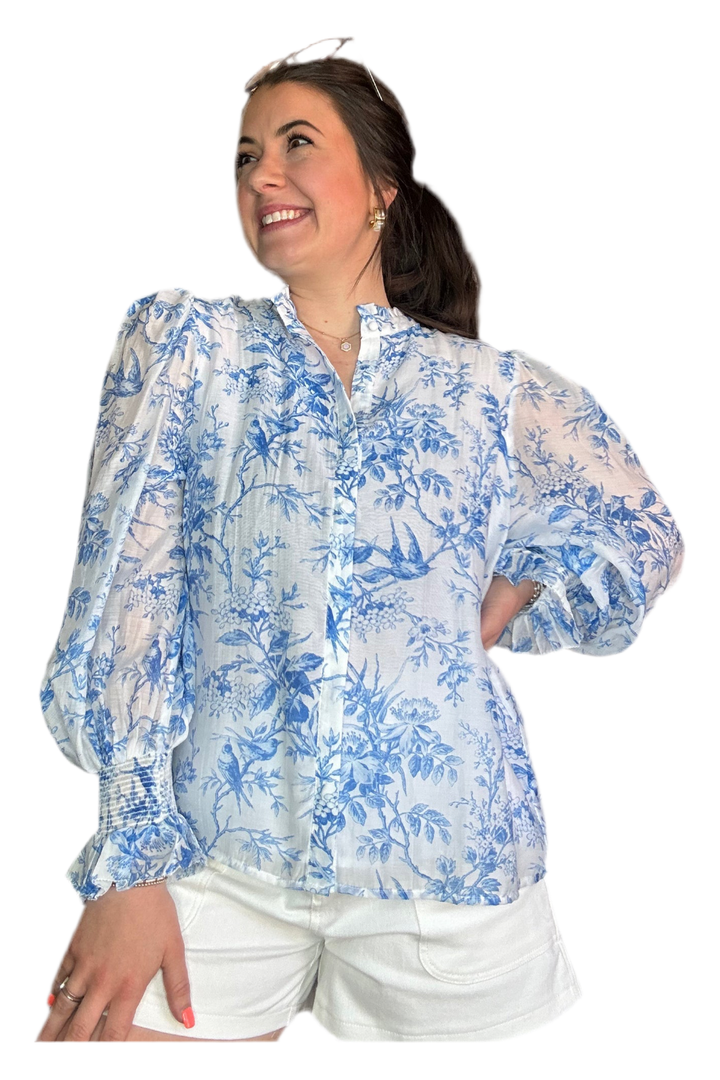 White and Blue Printed Tencel Blend Top - Vintage Dragonfly Boutique