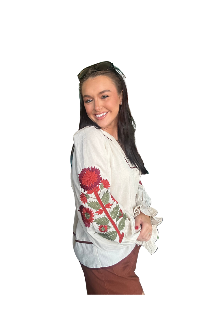 Cream Peasant Blouse with Red Floral Embroidery and Ruffle Cuffs
