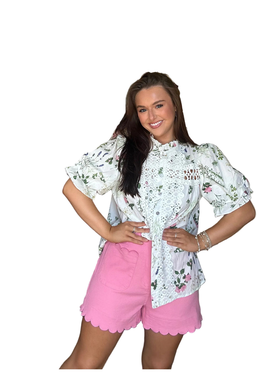 Entro Floral Lace Detail Button Front Top – Feminine Spring Blouse - Vintage Dragonfly Boutique