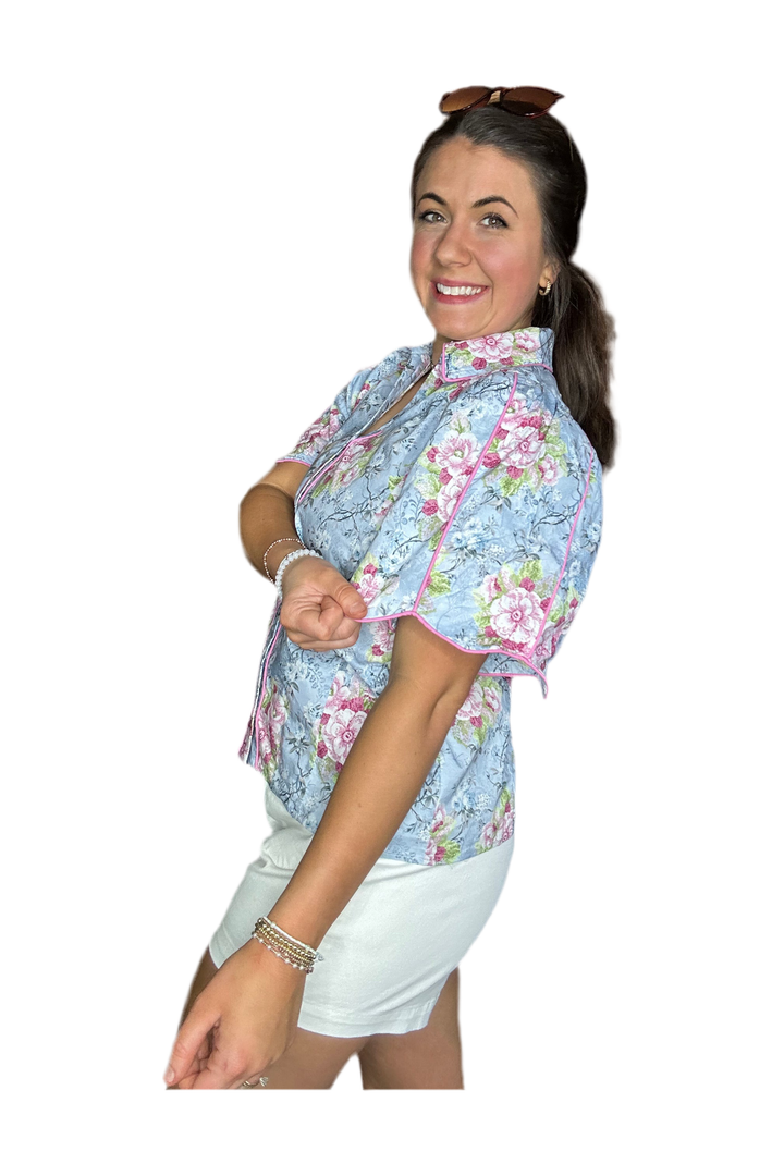 Blue Floral Short Puff Sleeve Top - Vintage Dragonfly Boutique