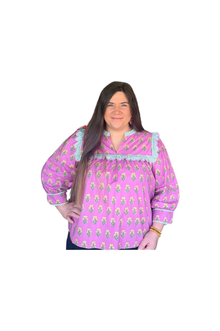 Entro Pink\Purple Patterned 3/4 Length Sleeve Top - Vintage Dragonfly Boutique