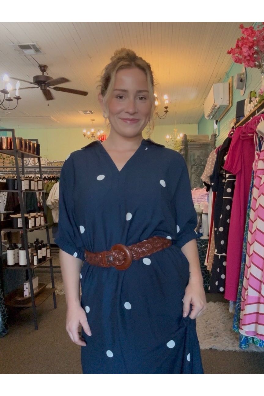 Entro Navy Polka Dot Midi Dress | Classic Women’s Boutique Dress - Vintage Dragonfly Boutique