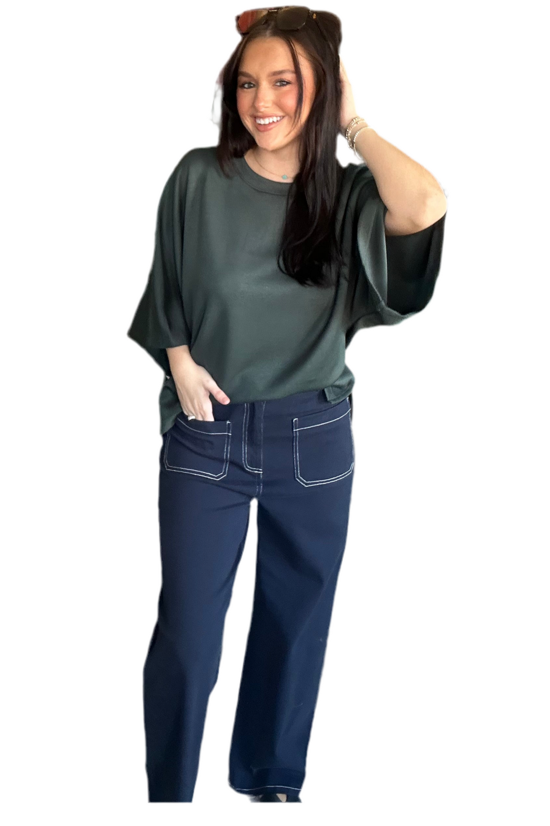 Entro Dark Green Knit Top – Elbow Sleeve Relaxed Silhouette Blouse