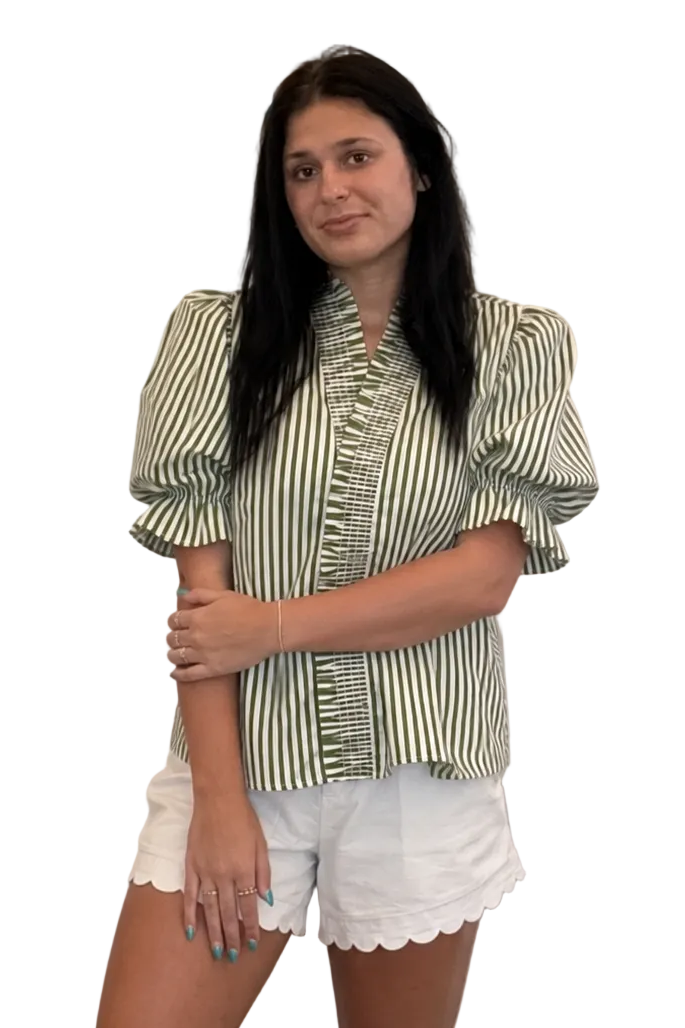 Entro Olive Stripe Puff Sleeve Ruffle Top