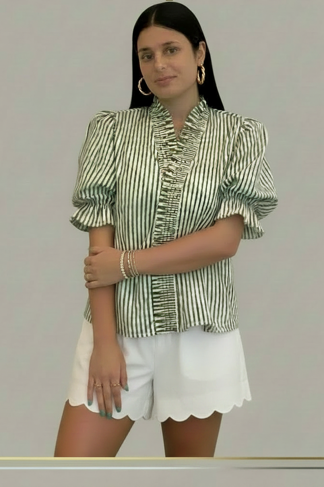 Entro Olive Stripe Puff Sleeve Ruffle Top - Vintage Dragonfly Boutique