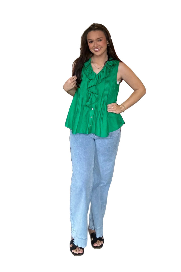 Entro Emerald Green Ruffle Front Sleeveless Blouse - Vintage Dragonfly Boutique