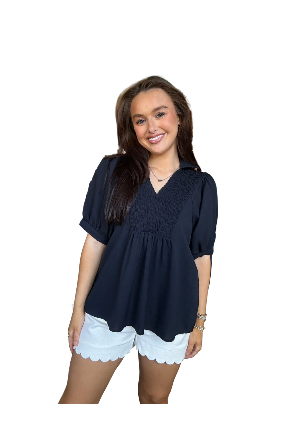 ENTRO Smocked V-Neck Blouse – Blue & Black Lightweight Puff Sleeve Top - Vintage Dragonfly Boutique