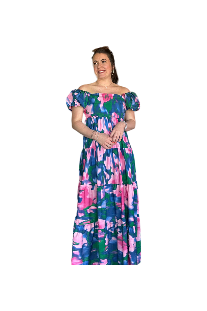 Blue Pink and Green Poplin Print Midi Dress - Vintage Dragonfly Boutique