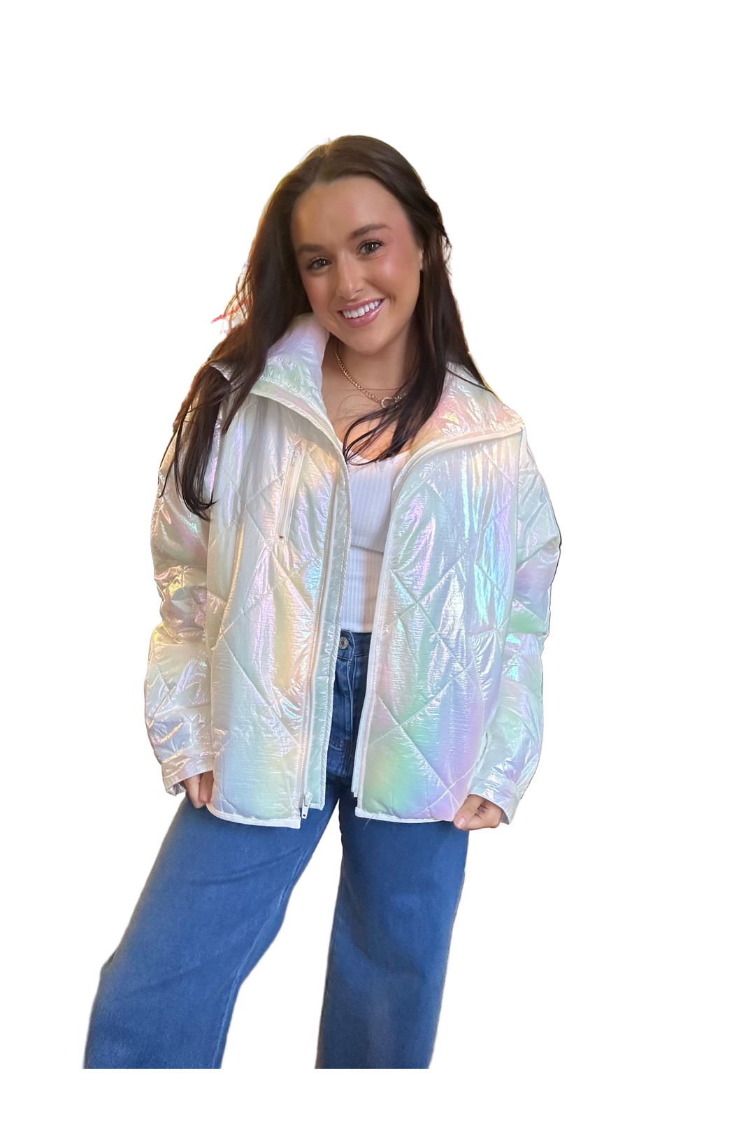 Pearlescent Quilted Jacket in Pearl & Lilac with Zip Front | Peach Love
