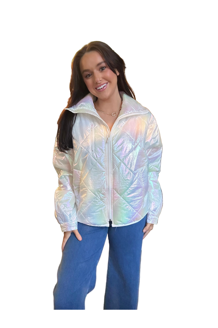 Pearlescent Quilted Jacket in Pearl & Lilac with Zip Front | Peach Love