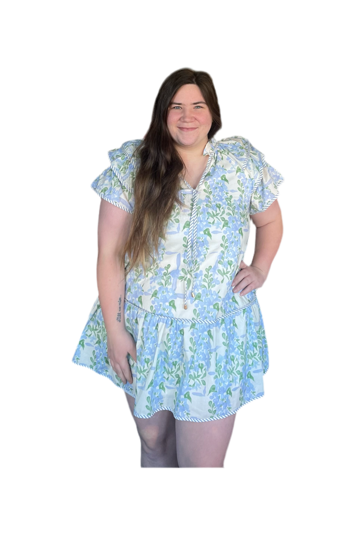 Entro Baby Blue and Cream Floral Pattern Dress - Vintage Dragonfly Boutique