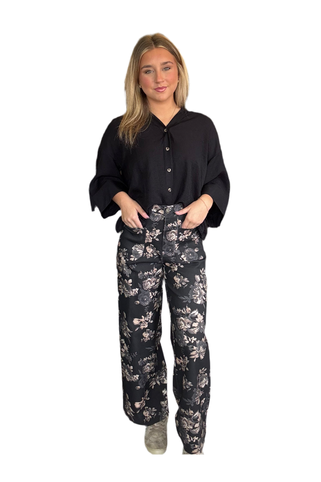Entro Black Patch Pocket Floral Print Mid-rise Ankle Pants - Floral Print with Everyday Chill Vibes