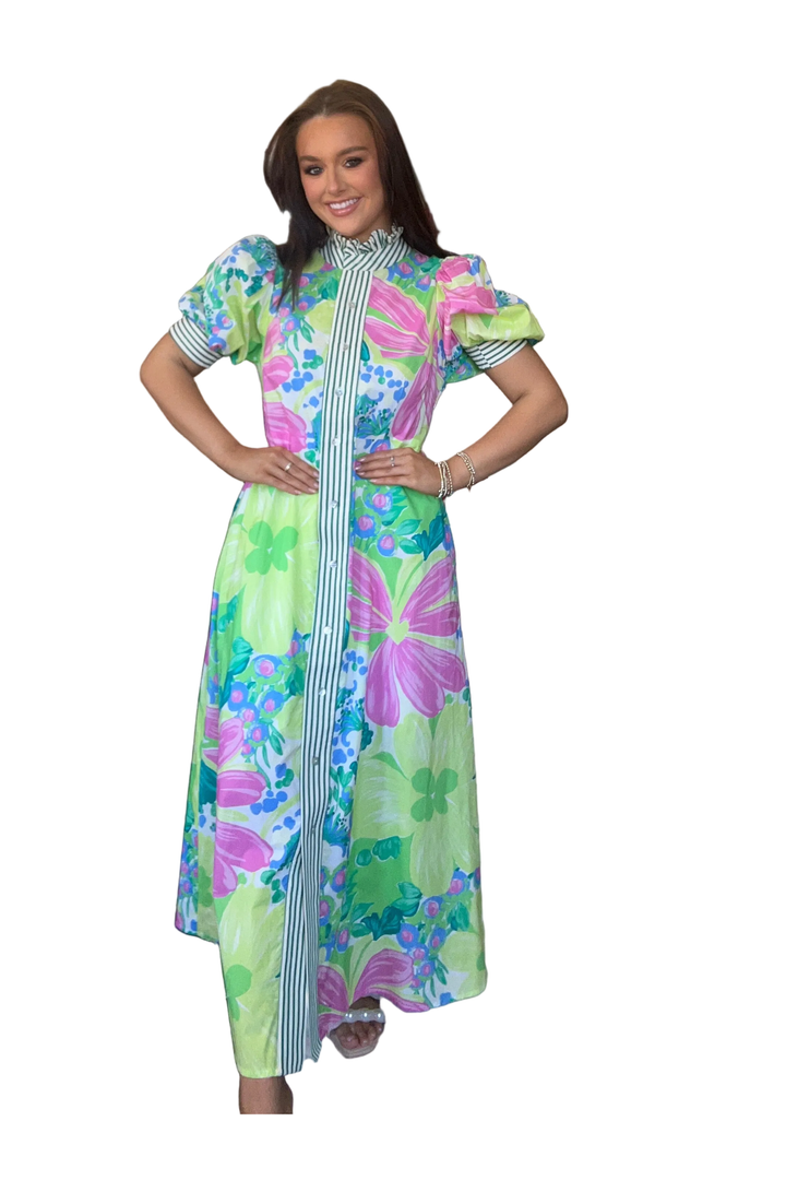 Lime Green Floral Midi Dress with Puff Sleeves | ENTRO - Vintage Dragonfly Boutique