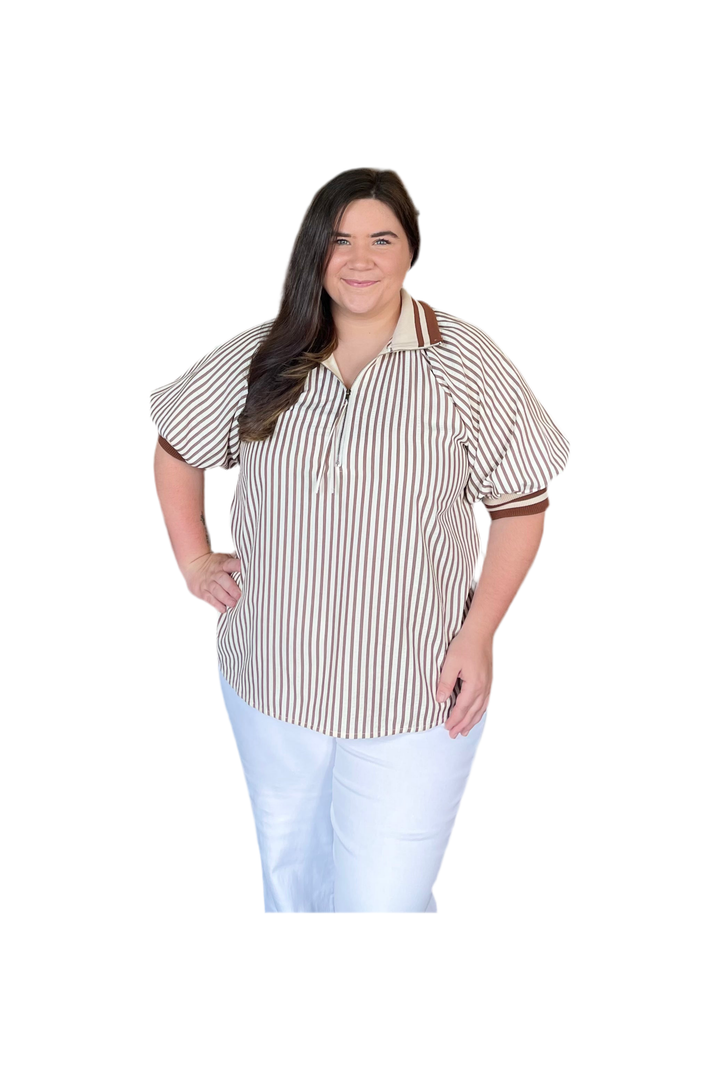 Entro Carmel Striped Short Puff Sleeve Top