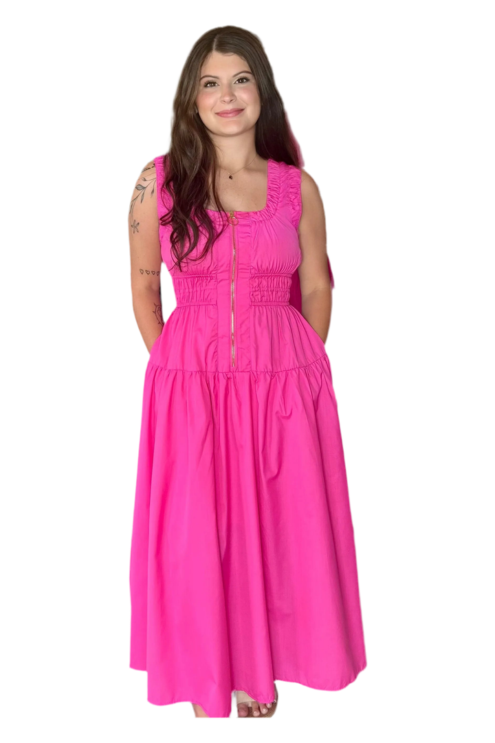 Hot Pink Squareneck Sleeveless Zipper Front Midi Dress