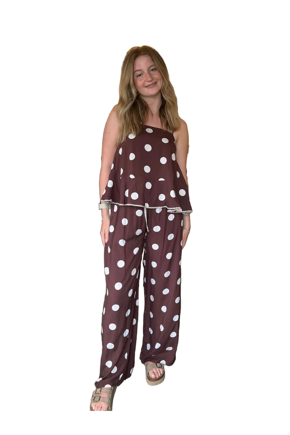 Entro Brown Polka Dot Wide Leg Pants - Vintage Dragonfly Boutique