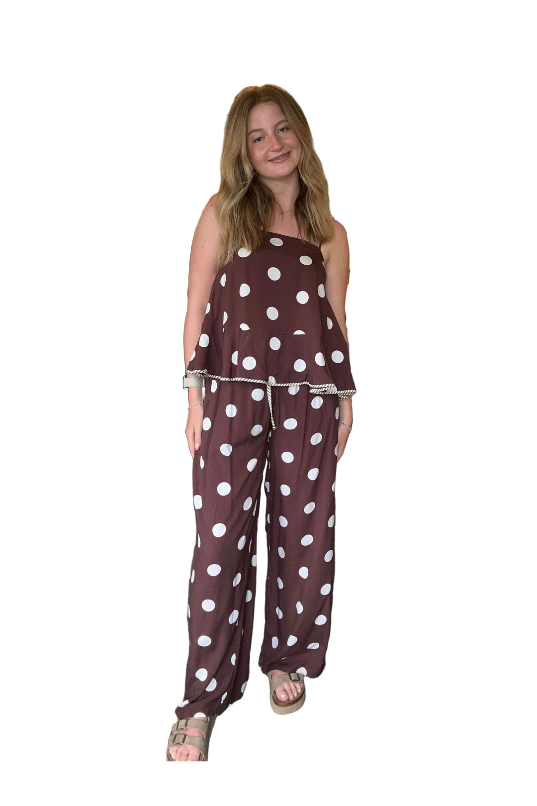 Entro Brown Polka Dot Wide Leg Pants - Vintage Dragonfly Boutique