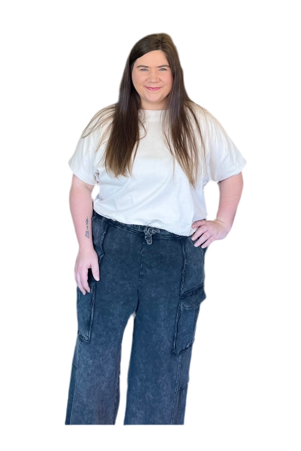 Ecru color short sleeve draw string at the waist top