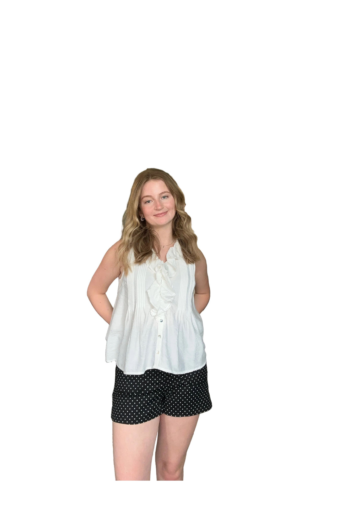 Entro Off White Ruffle Front Sleeveless Blouse - Vintage Dragonfly Boutique