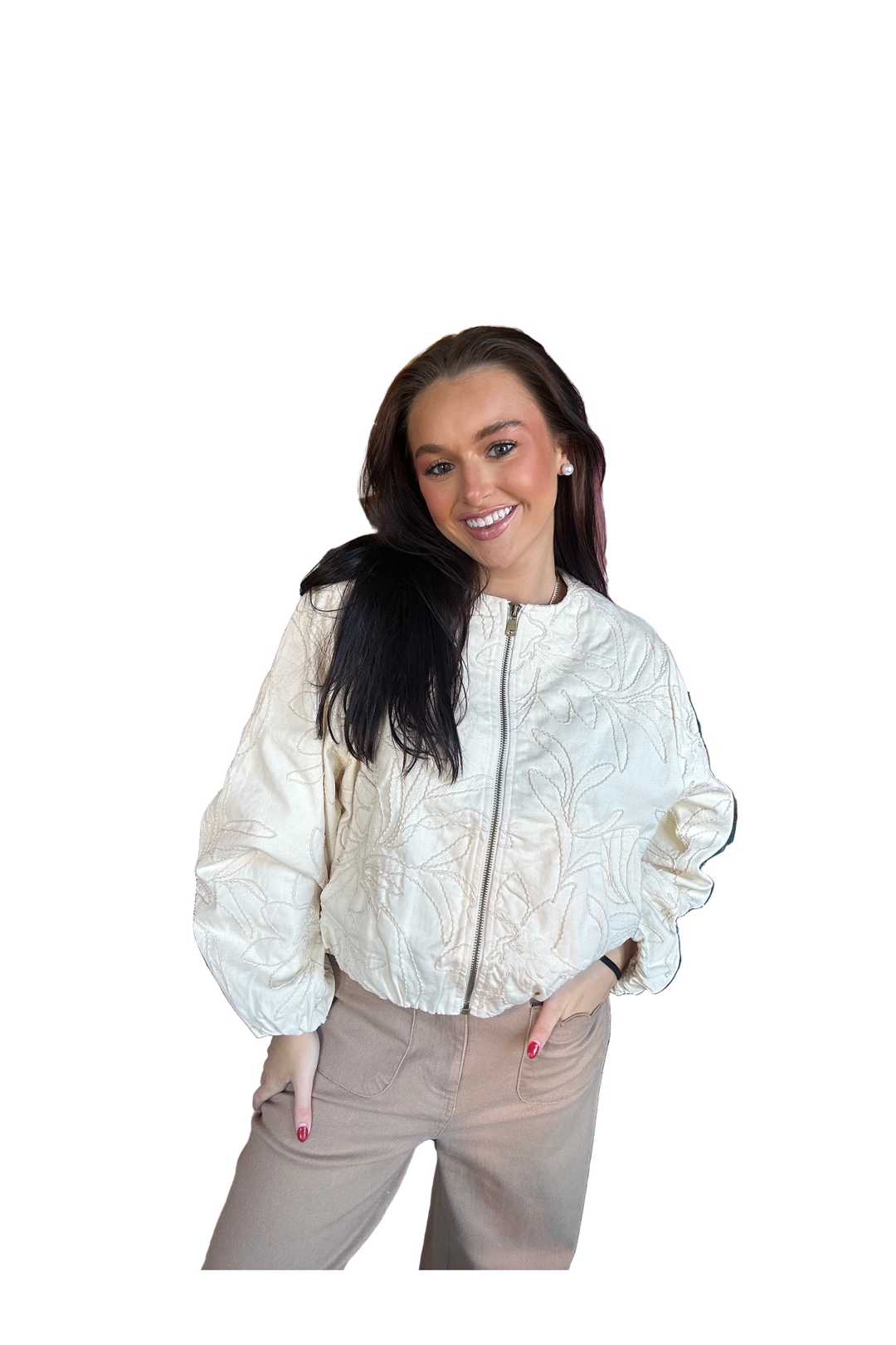 Butter Cream Floral Embroidered Western Boho Bomber Cotton Jacket by Aaron & Amber