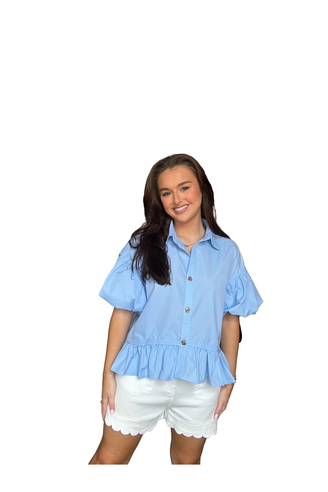 Entro Ruffle Hem Button-Up Blue Blouse – Puff Sleeve Collared Top - Vintage Dragonfly Boutique
