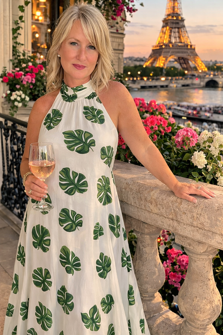 Cream Leaf Print Maxi Dress with Halter Tie Neck | Entro Boutique Dress - Vintage Dragonfly Boutique
