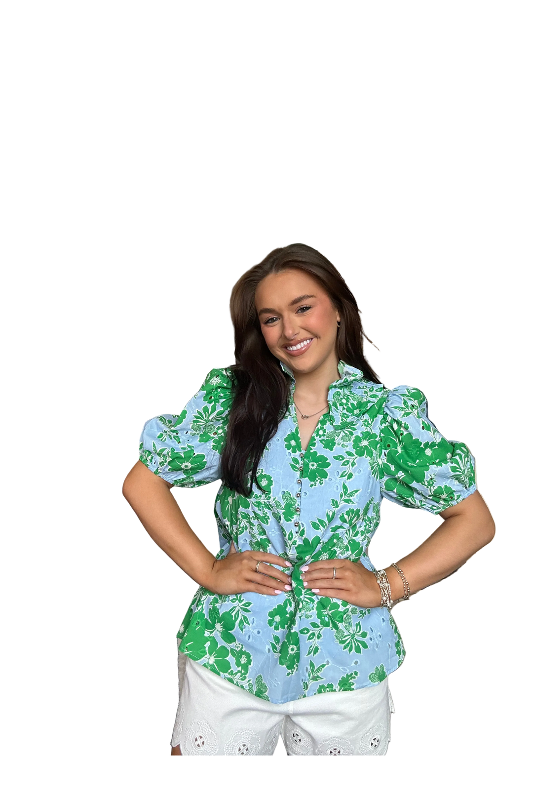 Entro Blue & Green Floral Puff Sleeve Top - Vintage Dragonfly Boutique