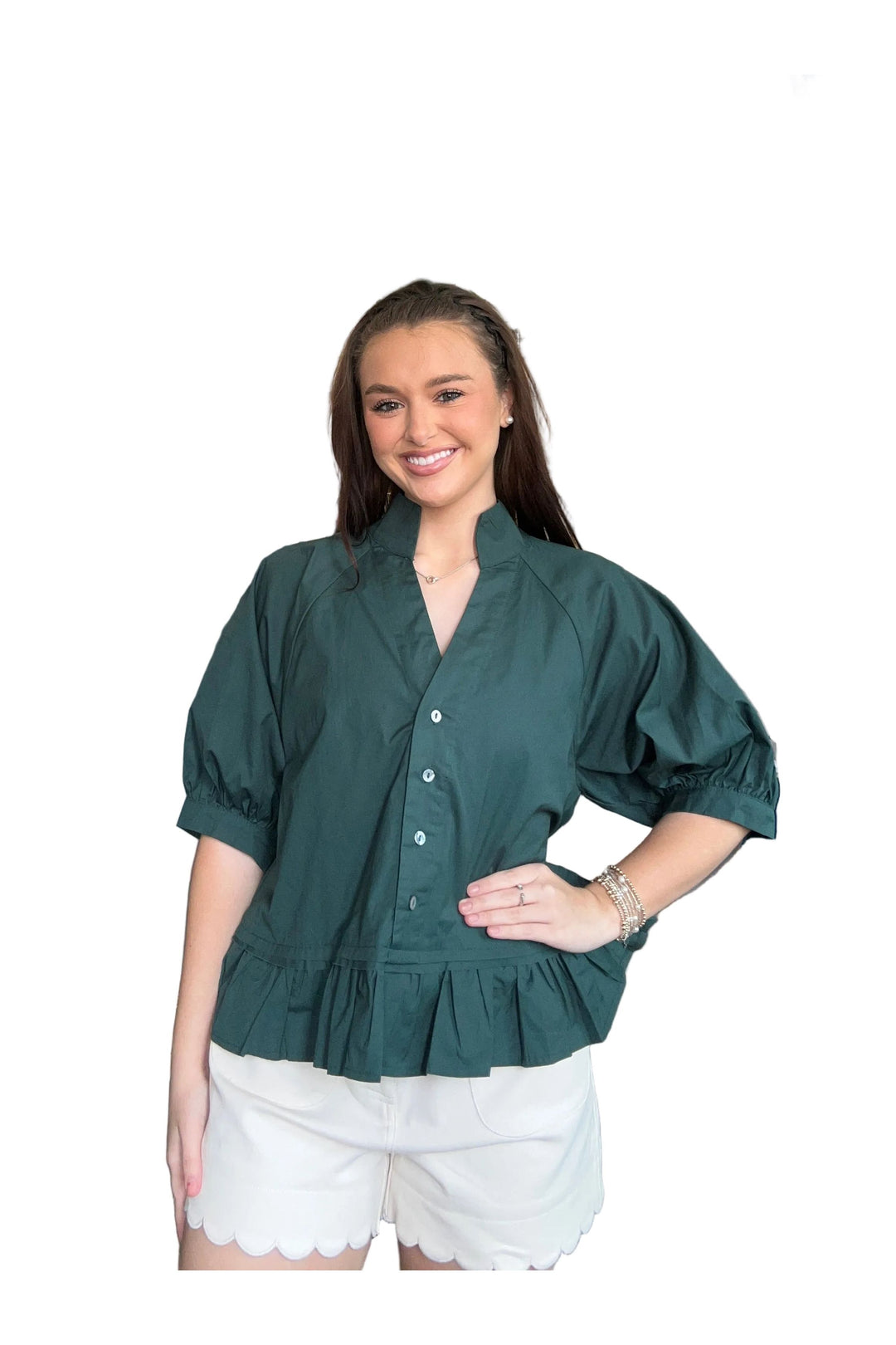 Entro Ruffle Hem Button Front Blouse – Cream &amp; Forest Green - Vintage Dragonfly Boutique