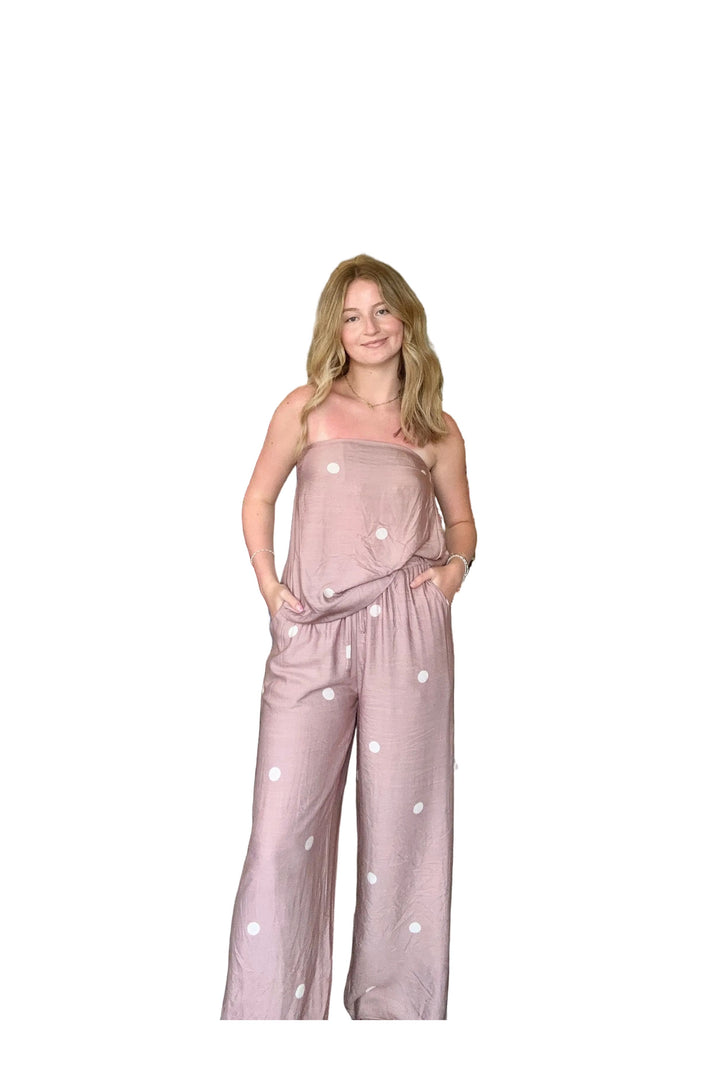 Entro Mocha Polka Dot Strapless Top &amp; Wide Leg Pant Set - Vintage Dragonfly Boutique