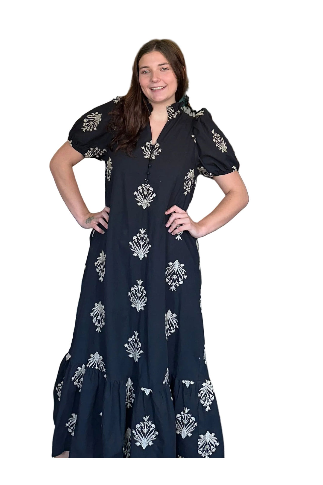 Entro Black Embroidered Puff Sleeve Maxi Dress