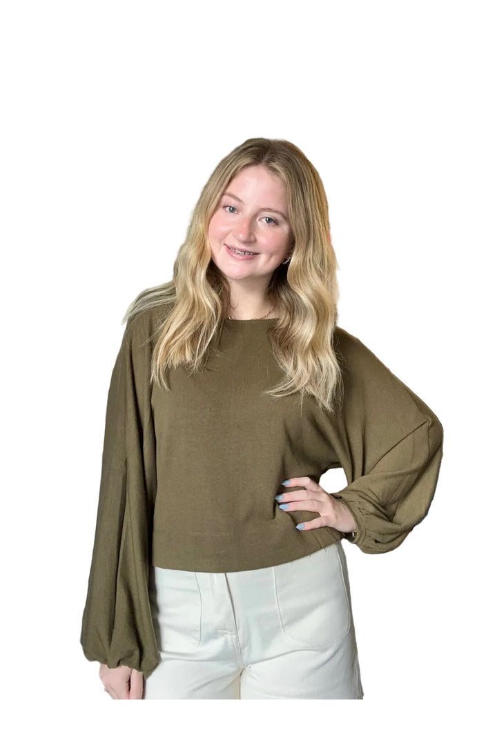 Entro Olive Long Sleeve Knit Top | Relaxed Everyday Boutique Blouse - Vintage Dragonfly Boutique