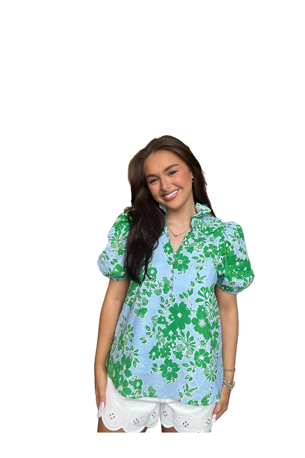Entro Blue & Green Floral Puff Sleeve Top - Vintage Dragonfly Boutique