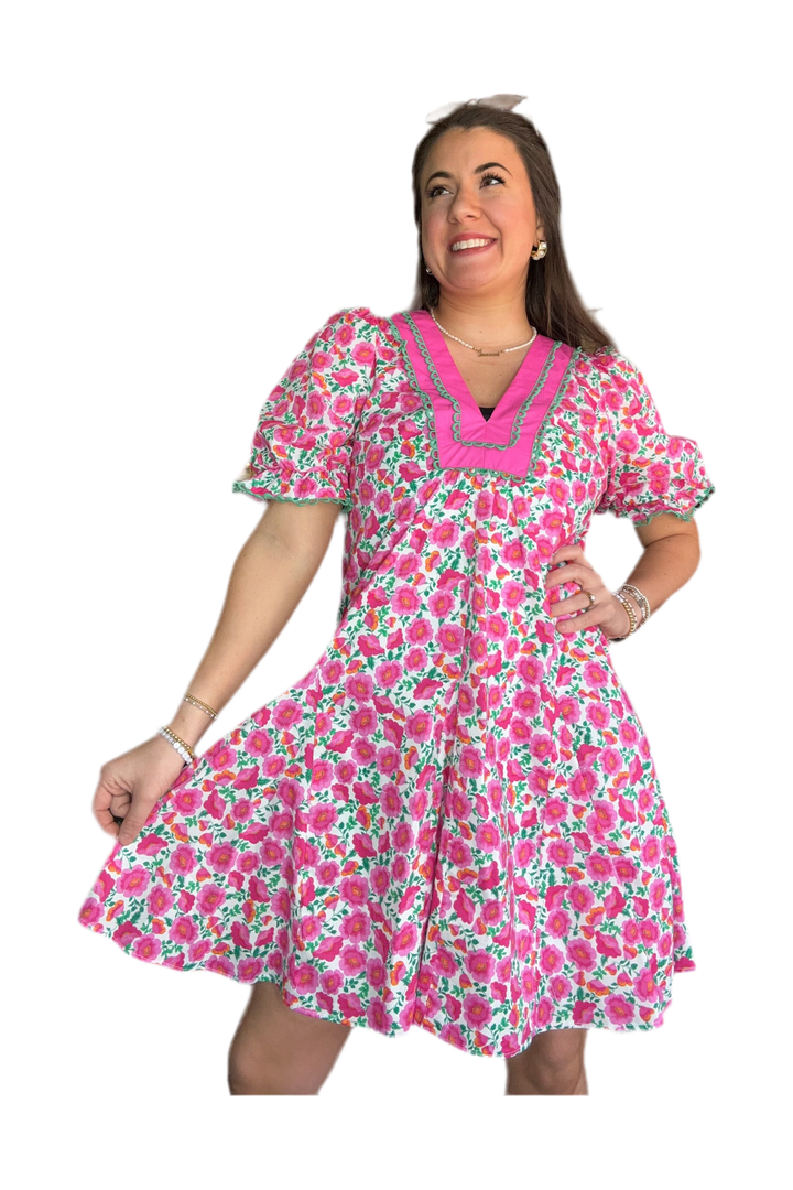 Pink Floral Short Bubble Sleeve Vneck Dress