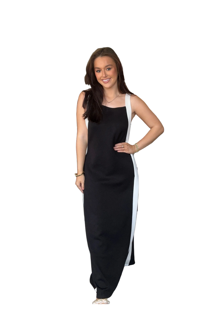 ENTRO Black &amp; White Contrast Trim Maxi Dress – Sleeveless Modest Midi Dress - Vintage Dragonfly Boutique