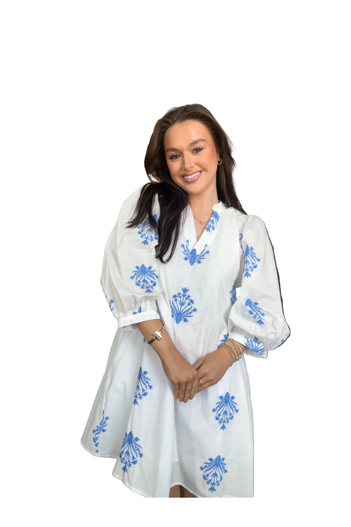 White Mini Dress with Blue Embroidery by Entro - Vintage Dragonfly Boutique