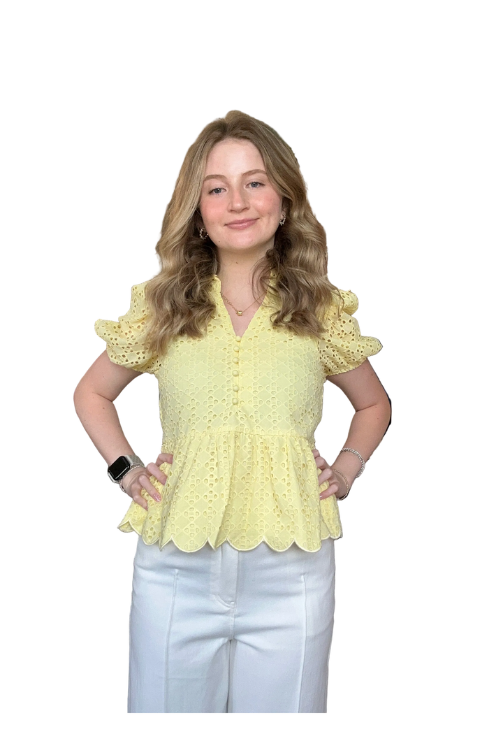 Entro Eyelet Puff Sleeve Peplum Top – White &amp; Lemon Scalloped Blouse for Women - Vintage Dragonfly Boutique
