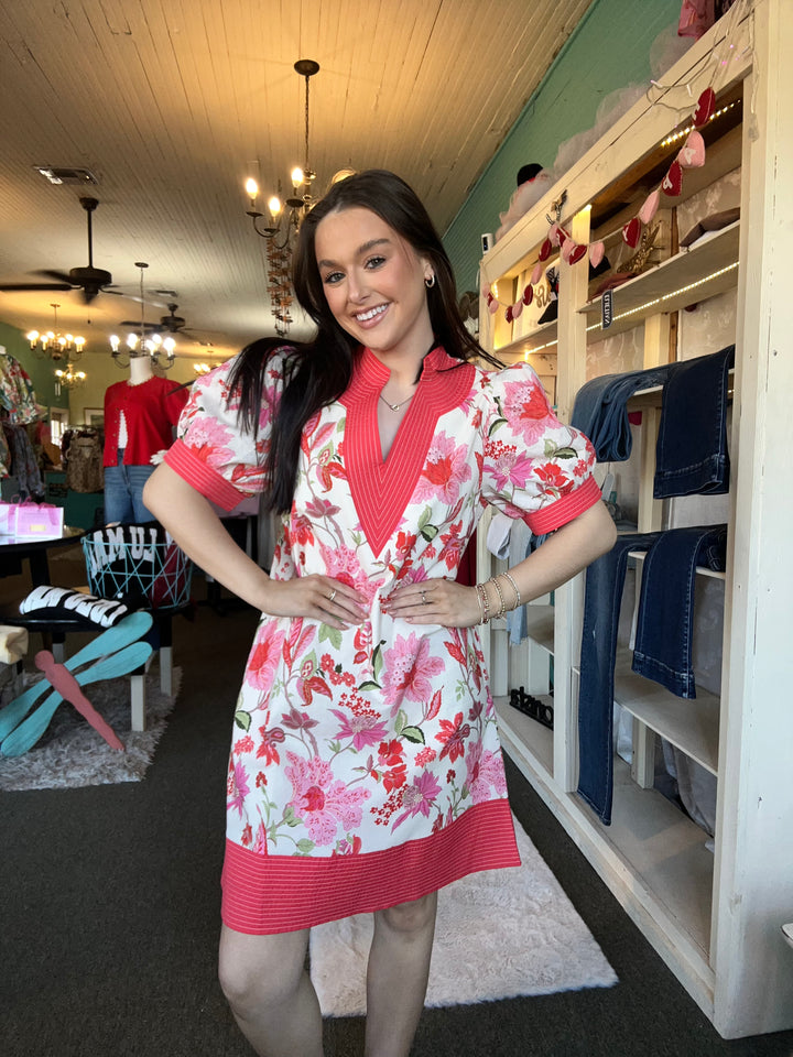 Pink Floral Mini Dress with Orange Accents | Entro Puff Sleeve Dress with Pockets