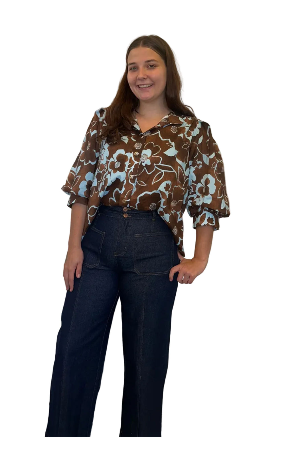 Entro Dark Denim Contrast-Stitch Wide-Leg Pants